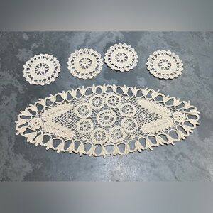 Vintage Antique Cream Crochet Doily & Coaster Set
